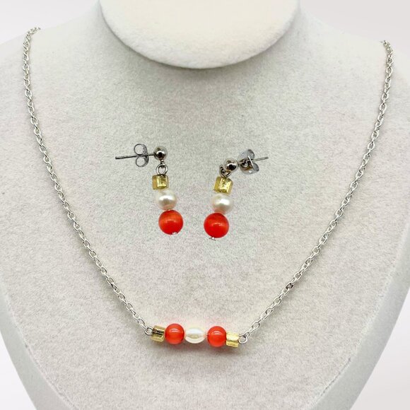 Handmade Orange Bead Faux Pearl Necklace & Earrings Set Gold Accents - Picture 1 of 11